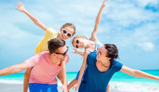 A family on a beach vacation.